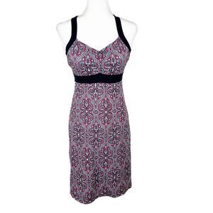 Prana Dress Women Small Black Red Floral Fit Flare Stretch Jersey Sleeveless